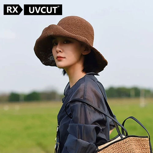 RX UVCUT官网正品特细拉菲草帽女夏季可折叠防晒沙滩帽遮阳渔夫帽