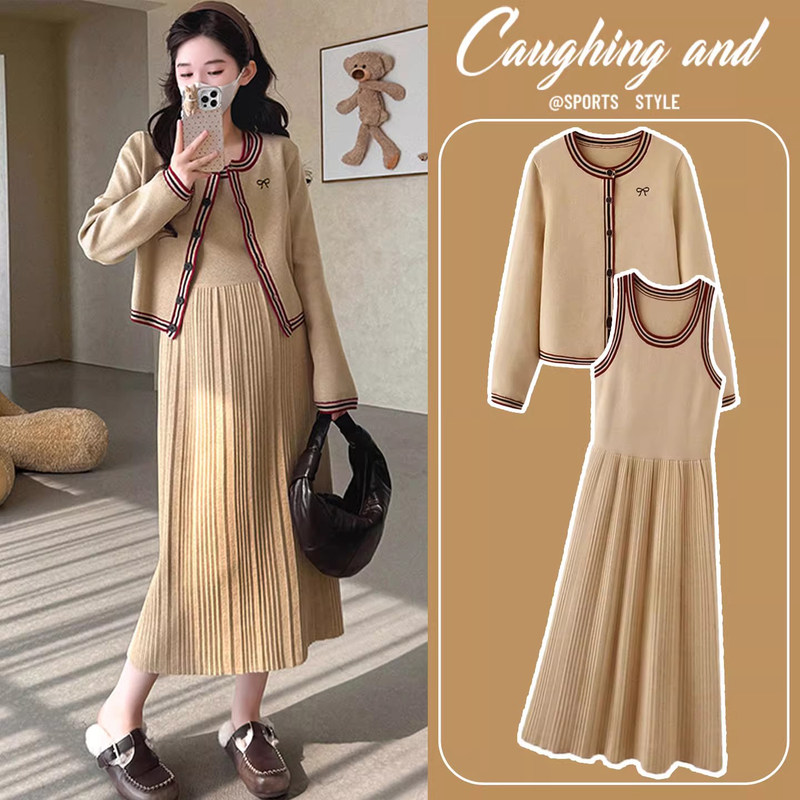 英国DHWA孕妇连衣裙套装秋款法式小香风针织开衫内搭背心裙两件套