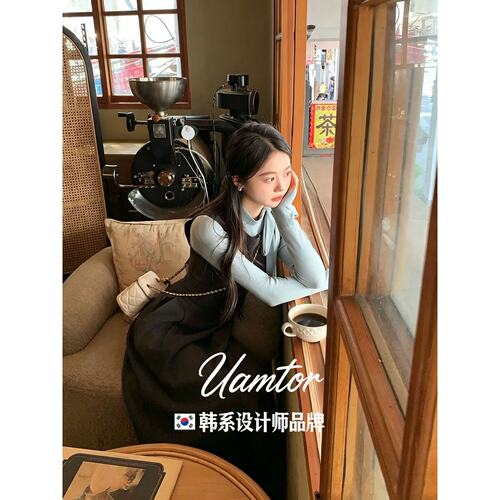 韩系Uamtor气质连衣裙女秋冬季小个子背心长裙巨好看百搭裙子套装
