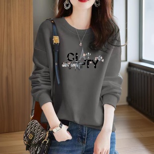 新款秋冬高级感正肩圆领长袖简约显瘦加绒加厚加棉外穿宽松卫衣女