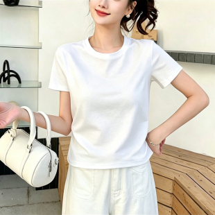 短款白色圆领短袖T恤女士夏宽松显比例通勤百搭纯色基础款上衣潮