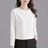 新款 韩版 纯棉短款 秋季 长袖 t恤女春秋洋气正肩圆领休闲百搭上衣女