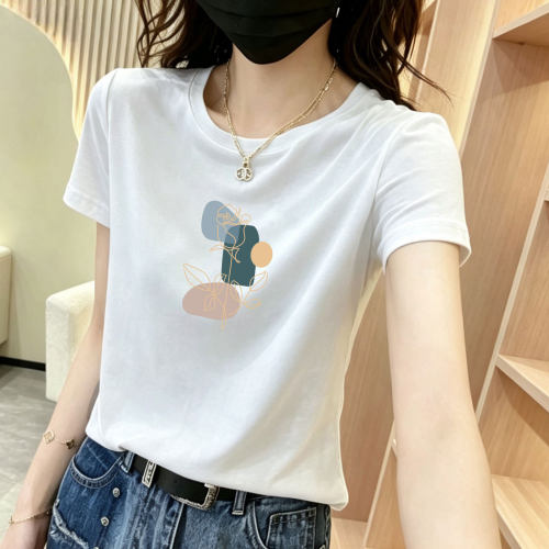 2026短袖t恤女高品质正肩白色精梳棉印花圆领上衣洋气高档夏装潮
