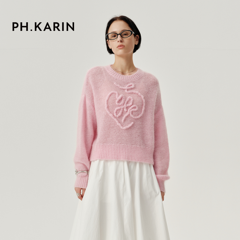 PH KARIN立体盘花软糯慵懒感粉色套头毛衣女2025春通勤