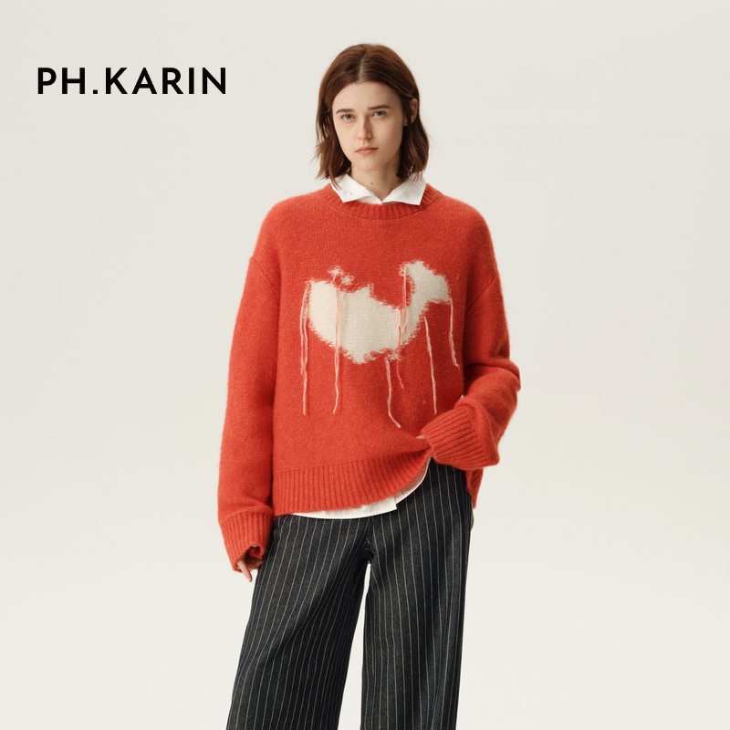 【自在新年】phkarin橘红福鱼提花软糯圆领套头毛衣女冬通勤