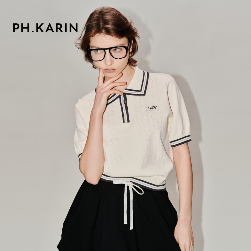 PH KARIN设计感T恤翻领POLO简约短袖针织镂空上衣女夏通勤,女装/女士精品,毛针织衫,淘宝优惠券,粉丝福利购,淘宝优惠卷