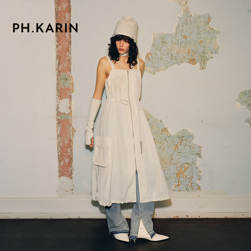 PH KARIN工装风吊带背带裙小众设计感拉链收腰长款宽松连衣裙子