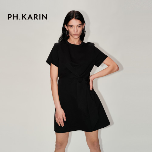 PH KARIN设计感优雅赫本风小黑裙女优雅夏通勤系带短袖裙子