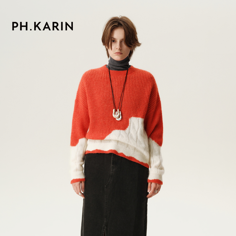 【自在新年】phkarin绵羊毛混纺红白拼色福鱼软糯套头毛衣冬通勤