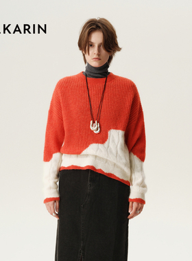 【自在新年】phkarin绵羊毛混纺红白拼色福鱼软糯套头毛衣冬通勤