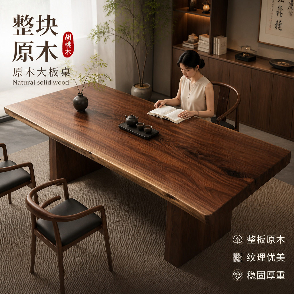 南美黑胡桃原木整切大板茶桌椅组合办公室实木茶几喝茶桌家用茶台图片