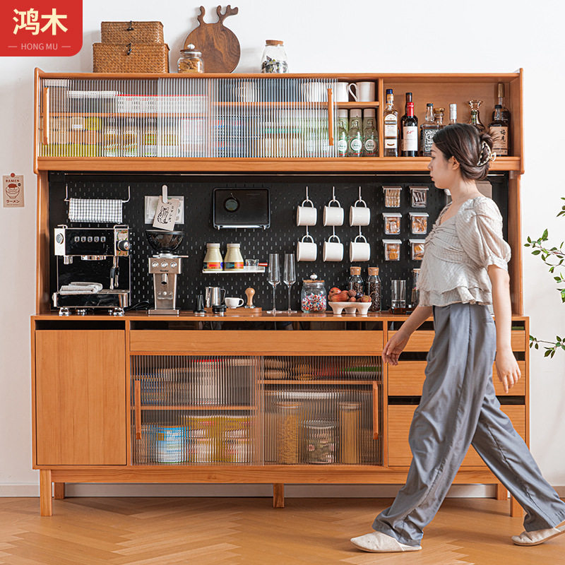 北欧实木餐边柜茶水柜家用客厅一体靠墙日式简约原木酒柜高柜中古