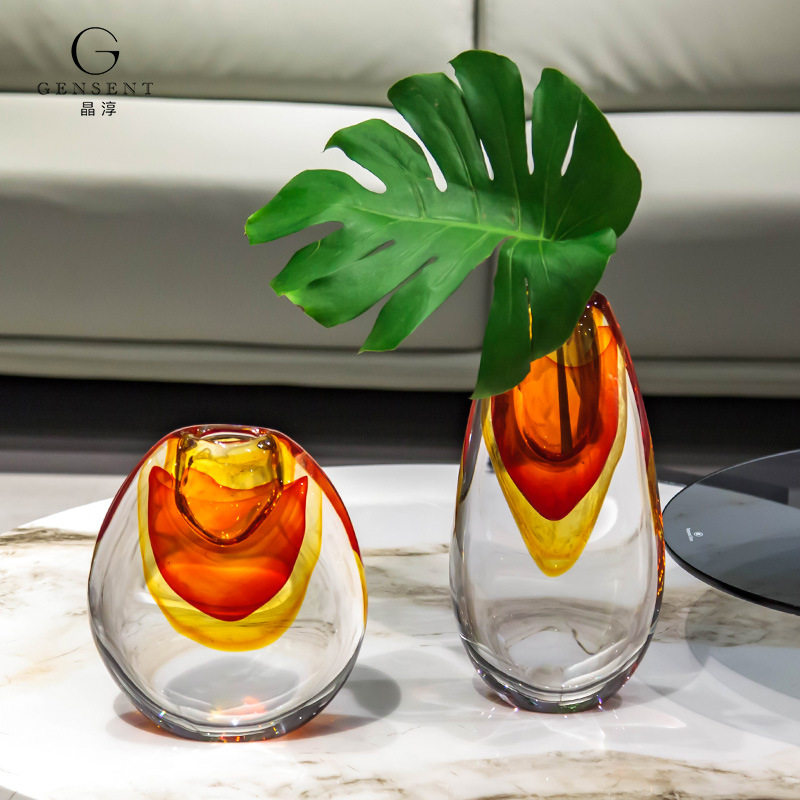 晶淳 橙红色琉璃花瓶样板间家居摆件 客厅轻奢插花高档装饰品