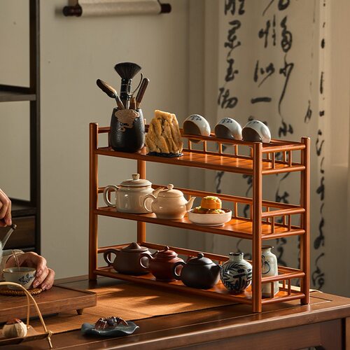 批发桌面博古架小型茶杯架子茶具收纳架紫砂壶置物架新中式装饰品
