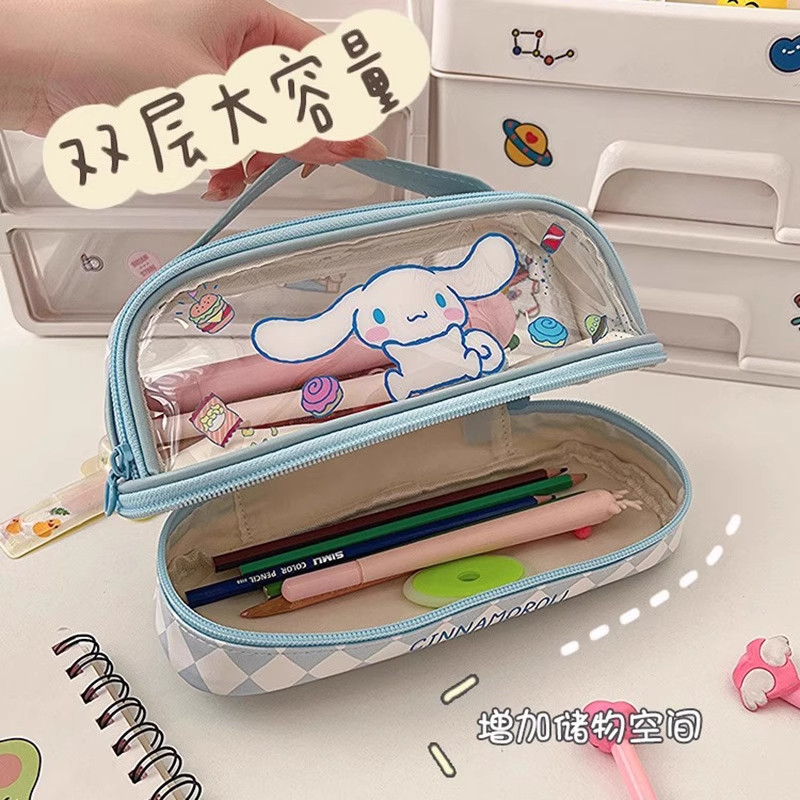 玉桂狗手提文具盒大容量月桂狗文具品透明双层卡通大耳狗收纳笔袋