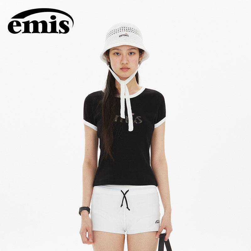 emis短袖女字母水钻t恤黑色正肩上衣新款打底衫内搭修身显瘦休闲