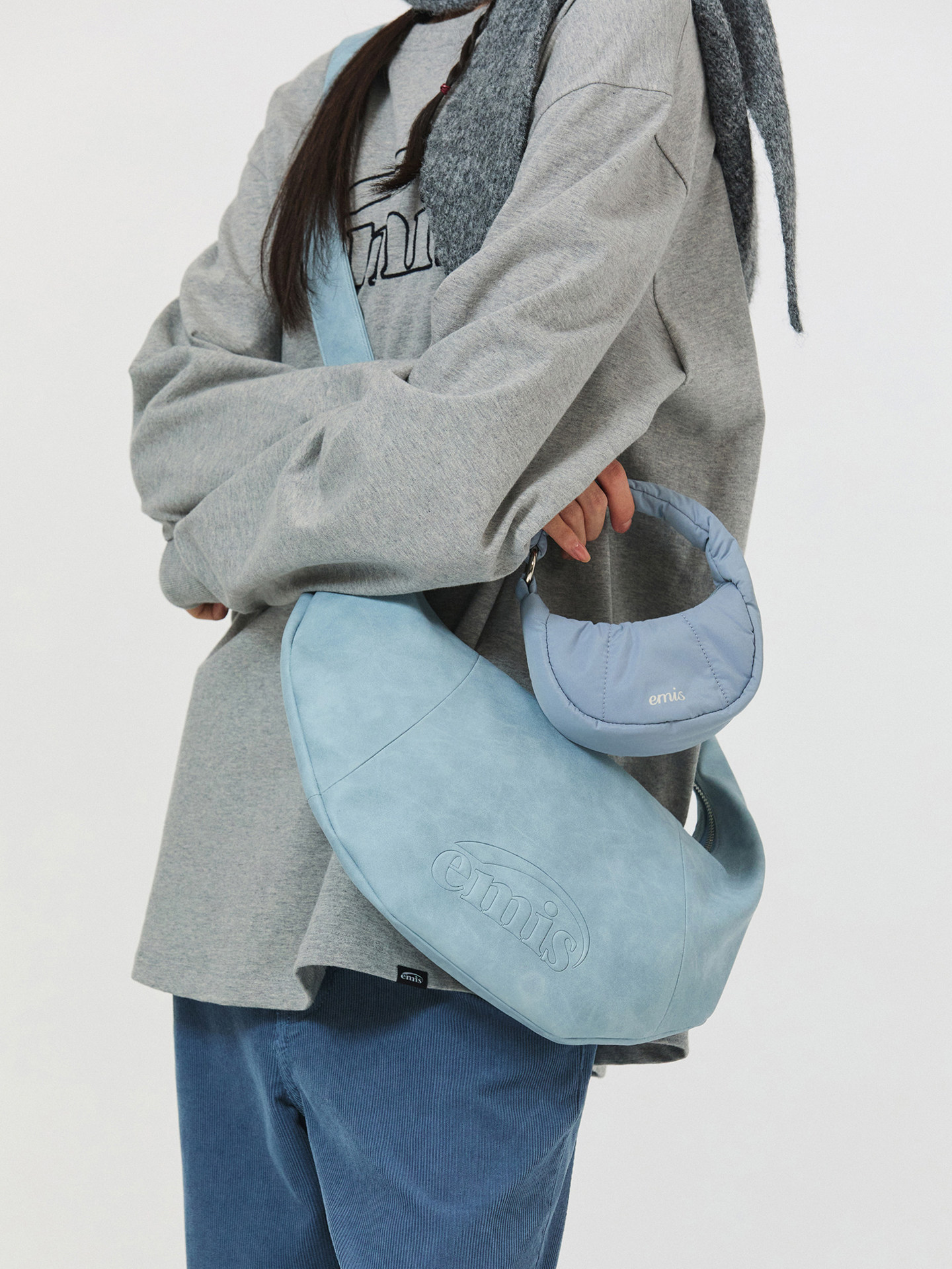 Emis Women's Embossed Logo Half-Moon Bag - Light Blue Handbag, Shoulder Bag, Niche Luxury Underarm Bag - Thumbnail 3