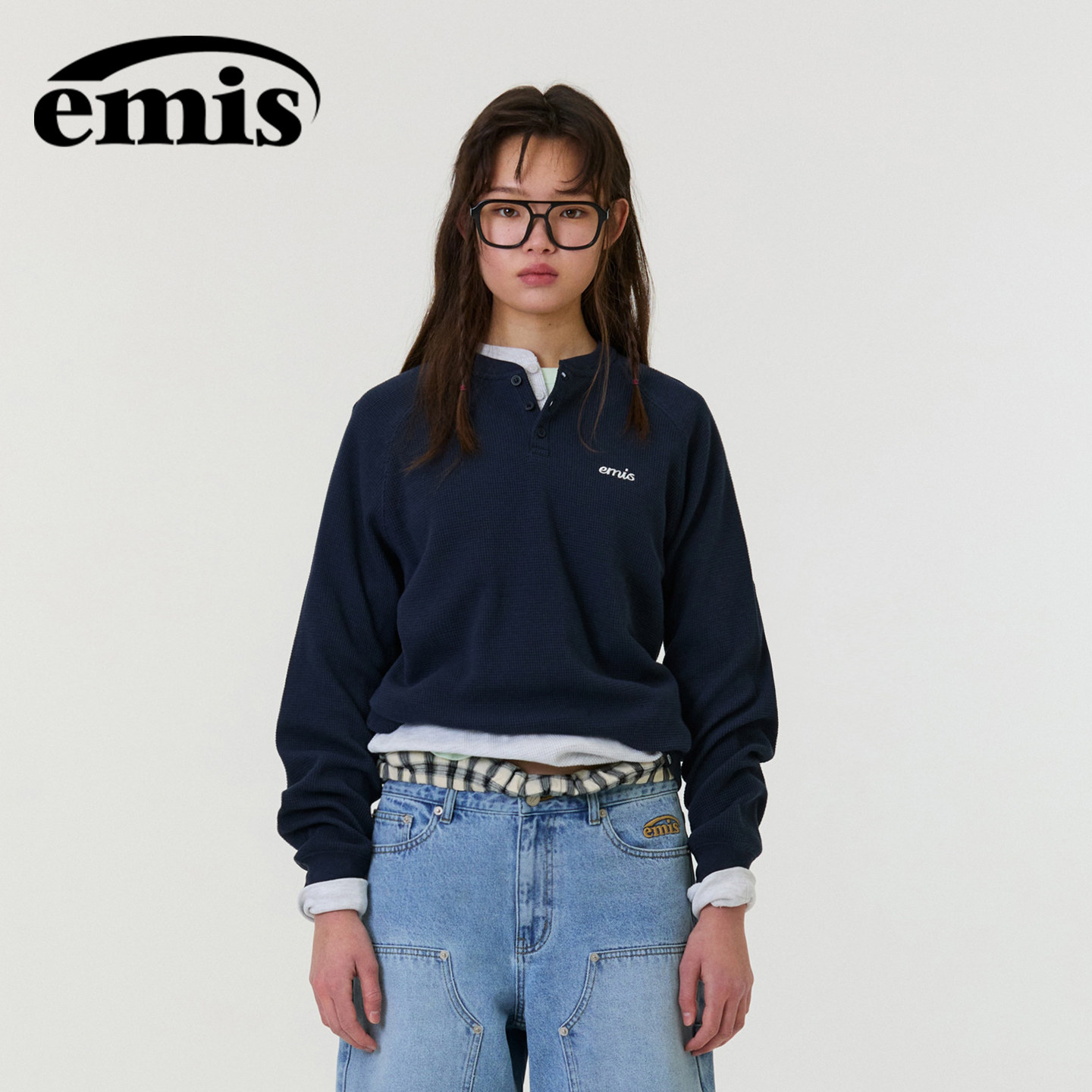 emis华夫格插肩袖T恤藏青色图片