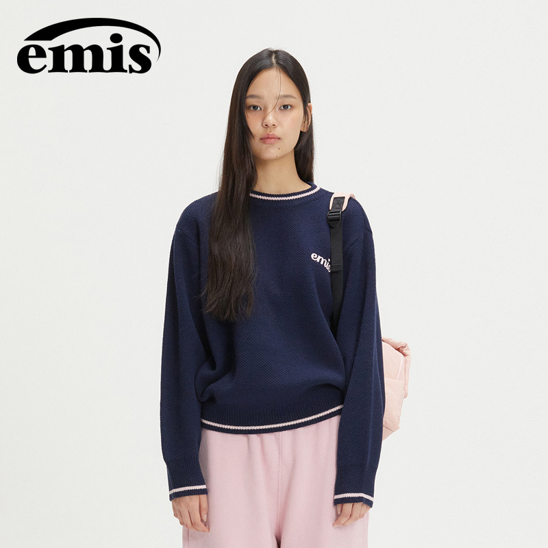 emis毛衣贴花针织套头衫女藏青色情侣针织衫男慵懒高级感时尚新款