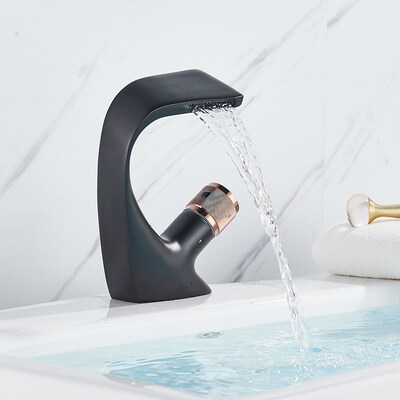 极速Quyanre Bliack Rose Gold Baisn Faucet Waterfall Bathroom