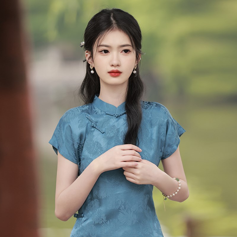 民国风旗袍长款2025新款女文艺复古蓝色时L尚显瘦改良全开襟连衣