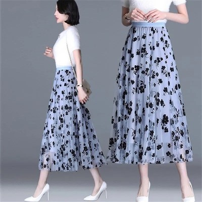 极速Mesh Floral Skirt Women  Spring Summer NAutumn Long Gauz
