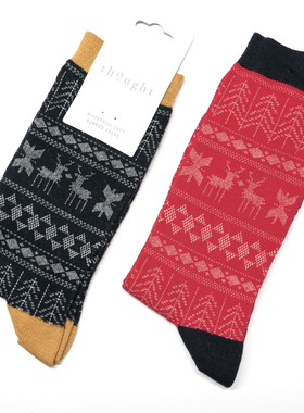 竹纤维抗菌防臭透气费尔岛怀旧复古花纹无骨对目中筒男袜THO020