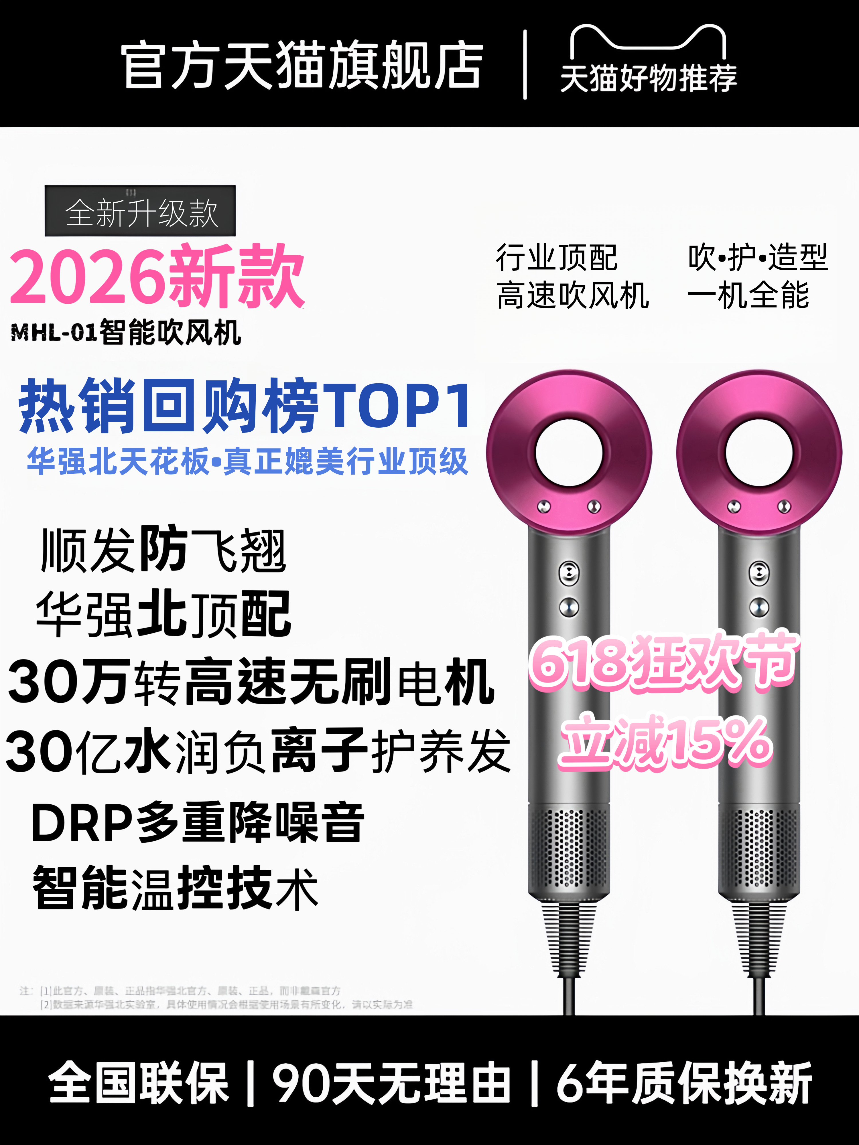 电吹风机负离子护发静音速干家用大风强力2026新款华强北电吹风筒