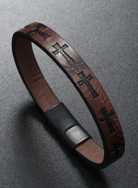 跨境热销欧美时尚手环男士手工编织十字架皮革手链合金磁铁扣手饰
