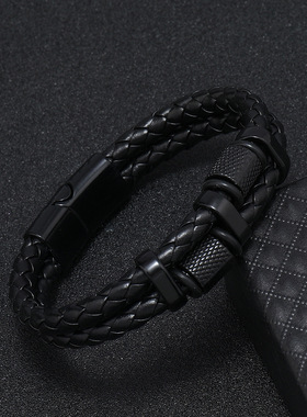 跨境欧美时尚手镯合金磁扣男士多层手工编织皮革手链服饰百搭饰品