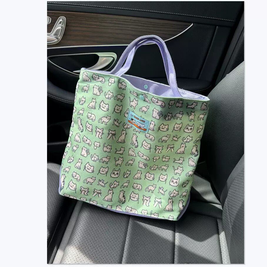 清新薄荷绿猫咪满印帆布托特包可爱笑脸挂件学生通勤大容量单肩包