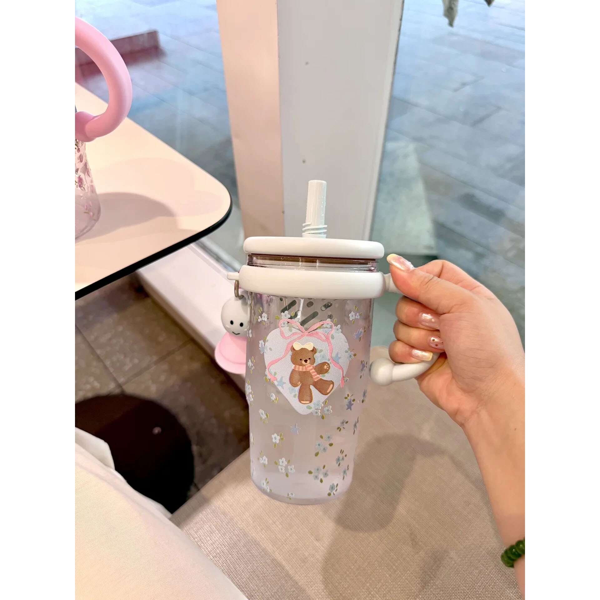可爱少女心卡通小熊吸管杯女生带茶仓便携水杯学生透明高颜值杯子