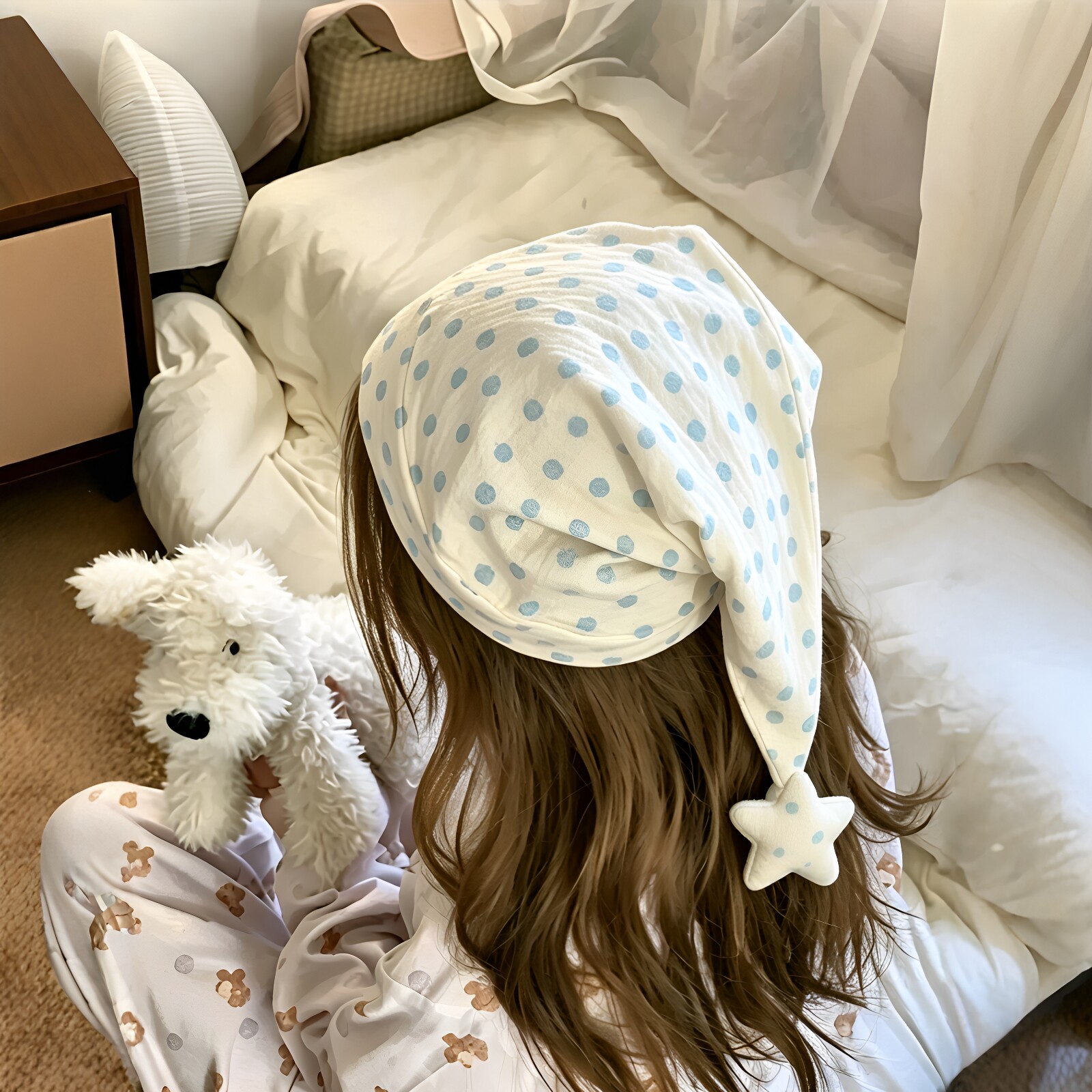 蓝色波点睡帽尖尖帽长尾五角星睡眠空调帽防风防着凉孕妇月子帽