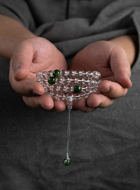 南山非遗文创白水晶佛珠手链108颗搭配和田玉男女多圈手串毛衣链