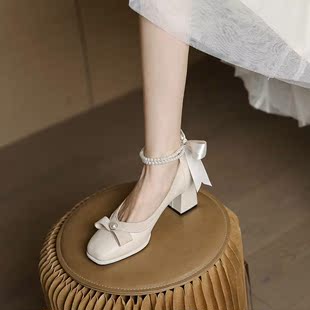 高跟鞋 女婚鞋 伴娘蝴蝶结中跟旗袍鞋 女 新中式 子玛丽珍法式 粗跟单鞋