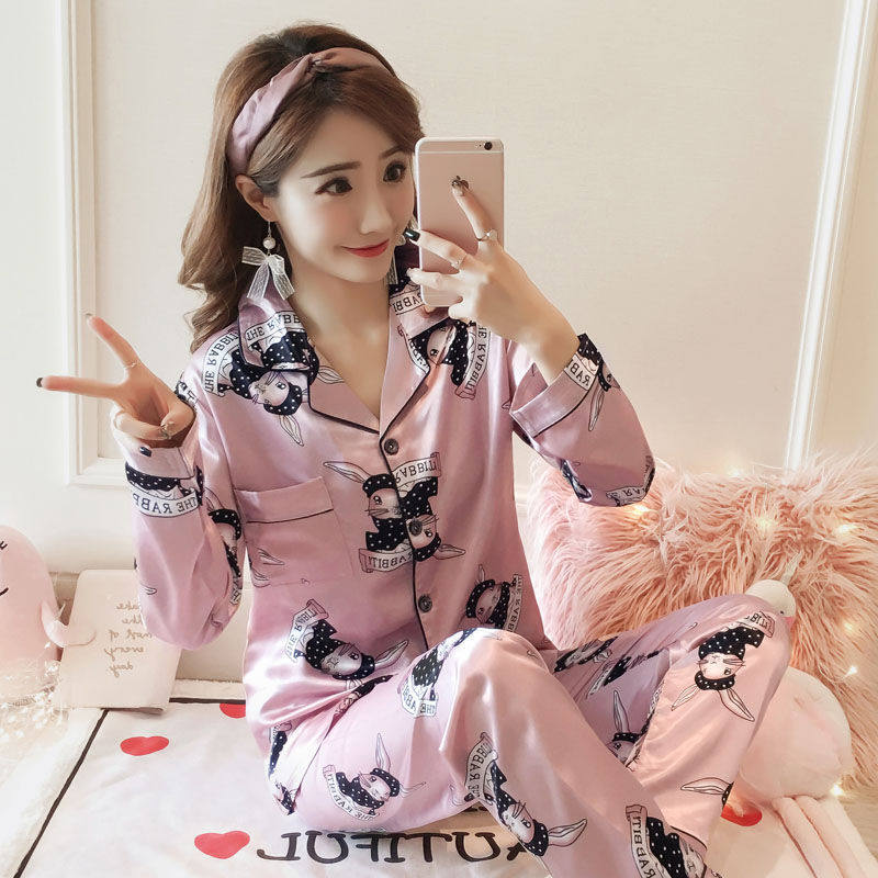 睡衣套装春秋长袖长裤仿真丝女士开衫翻领两件家居服