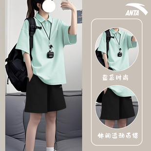 安踏polo衫运动套装女装夏季新款翻领短袖短裤宽松休闲网球两件套