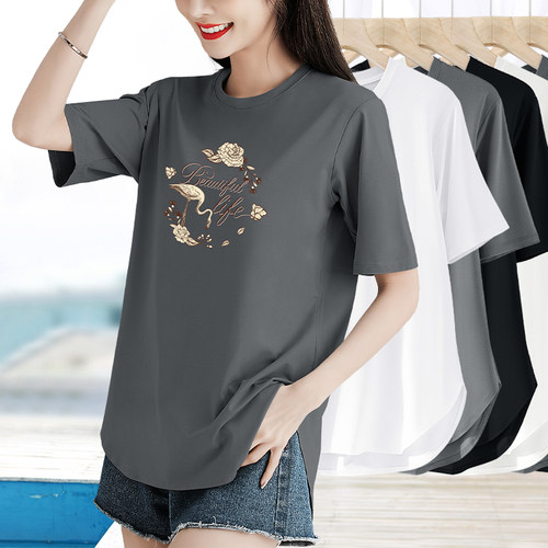 下摆弧形宽松印花短袖t恤女夏季