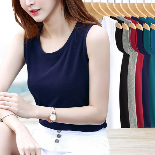 螺纹直筒圆领无袖背心打底衫简约