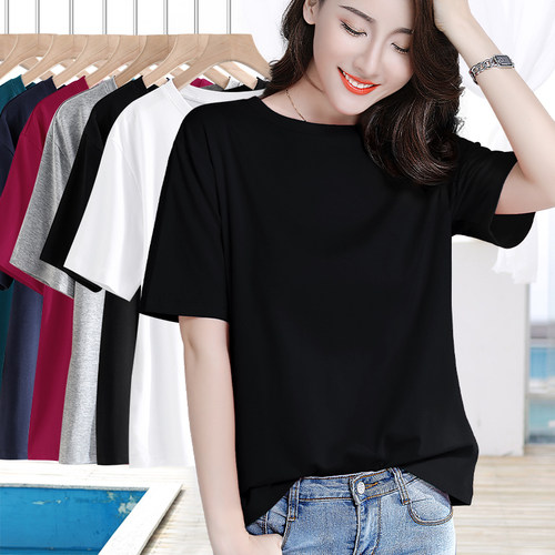黑色棉质圆领宽松大码短袖t恤女