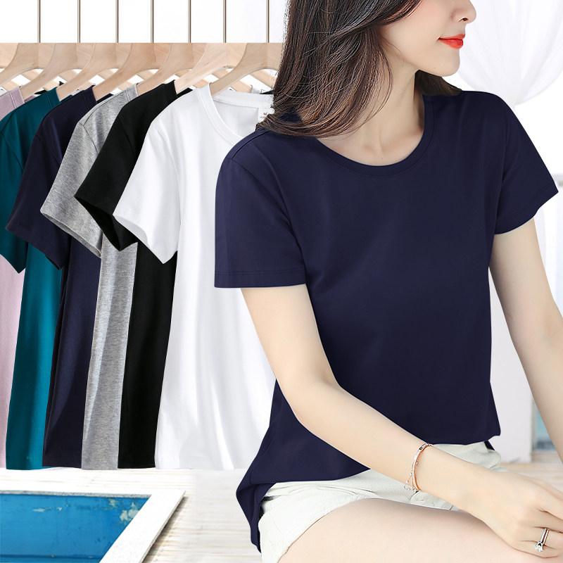 纯棉纯色修身圆领短袖t恤女上衣