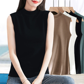 春秋小中立半高领精梳棉加厚内搭可外穿黑色无袖 背心t恤打底衫 女