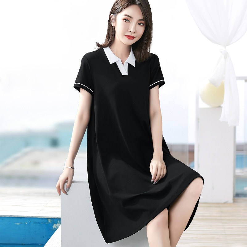 Polo领螺纹短袖宽松A字型连衣裙