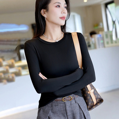 莫代尔棉圆领薄款修身长袖t恤女