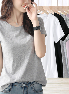 灰色纯棉短袖t恤女夏正肩体恤打底衫修身圆领净版单件基础款上衣