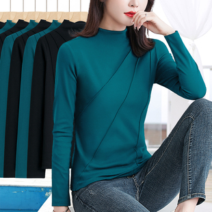孔雀蓝内搭大码 t恤女百搭弹力显瘦新款 上衣 长袖 纯色半高领打底衫
