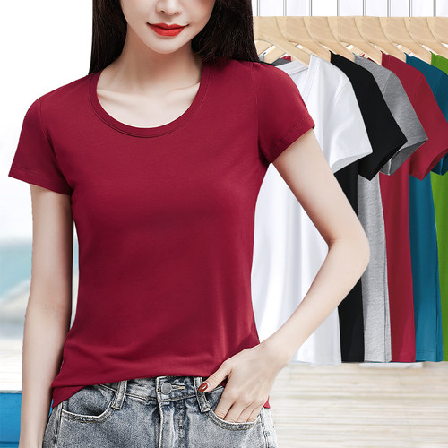 棉质圆领短袖t恤女夏纯色打底衫