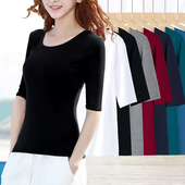 女装 白色纯棉半袖 2025新款 春夏季 女t恤圆领中袖 黑色上衣女七分袖