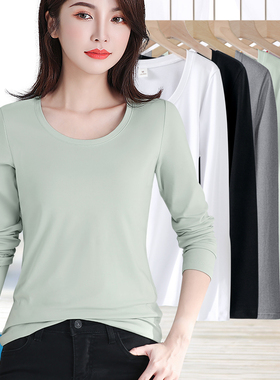 浅绿色长袖上衣女春秋2025年新款百搭纯棉圆领低领内搭薄款打底衫
