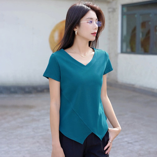 螺纹夏季新款不规则下摆开叉v领短袖t恤女正肩修身遮肉显瘦上衣